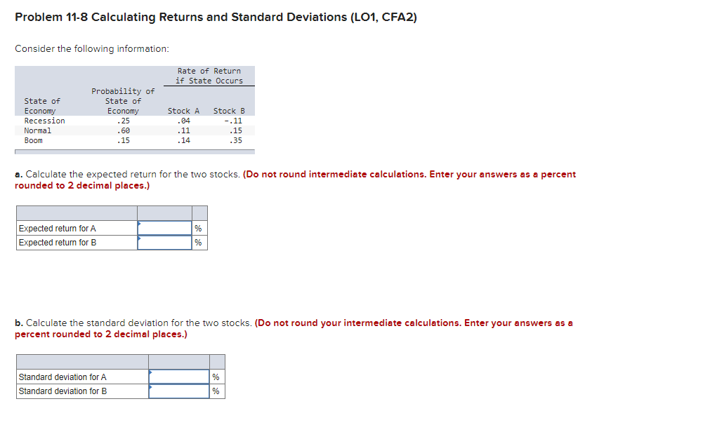  Problem 11-8 Calculating Returns and Standard Deviations (LO1, CFA2) Consider the