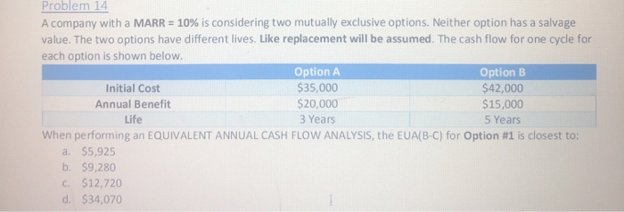  Problem 14 A company with a MARR = 10% is considering