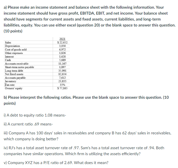  a) Please make an income statement and balance sheet with the