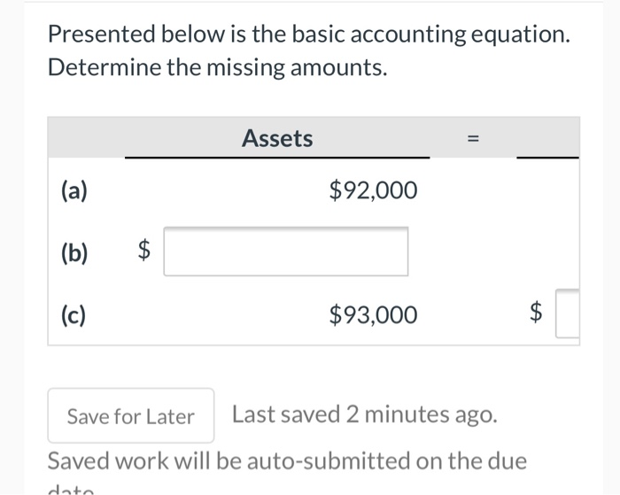 Presented below is the basic accounting equation. Determine the missing amounts.