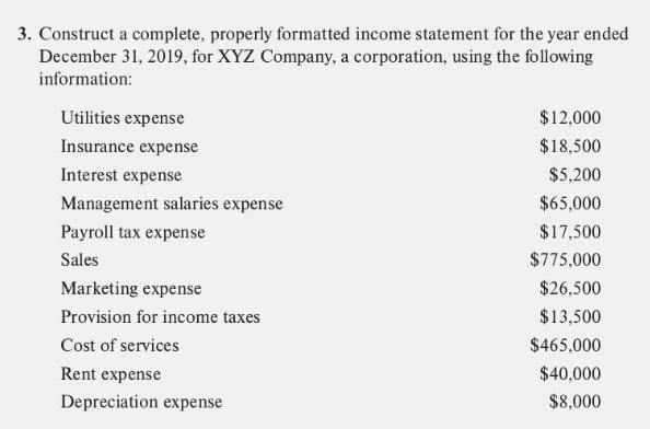  3. Construct a complete, properly formatted income statement for the year