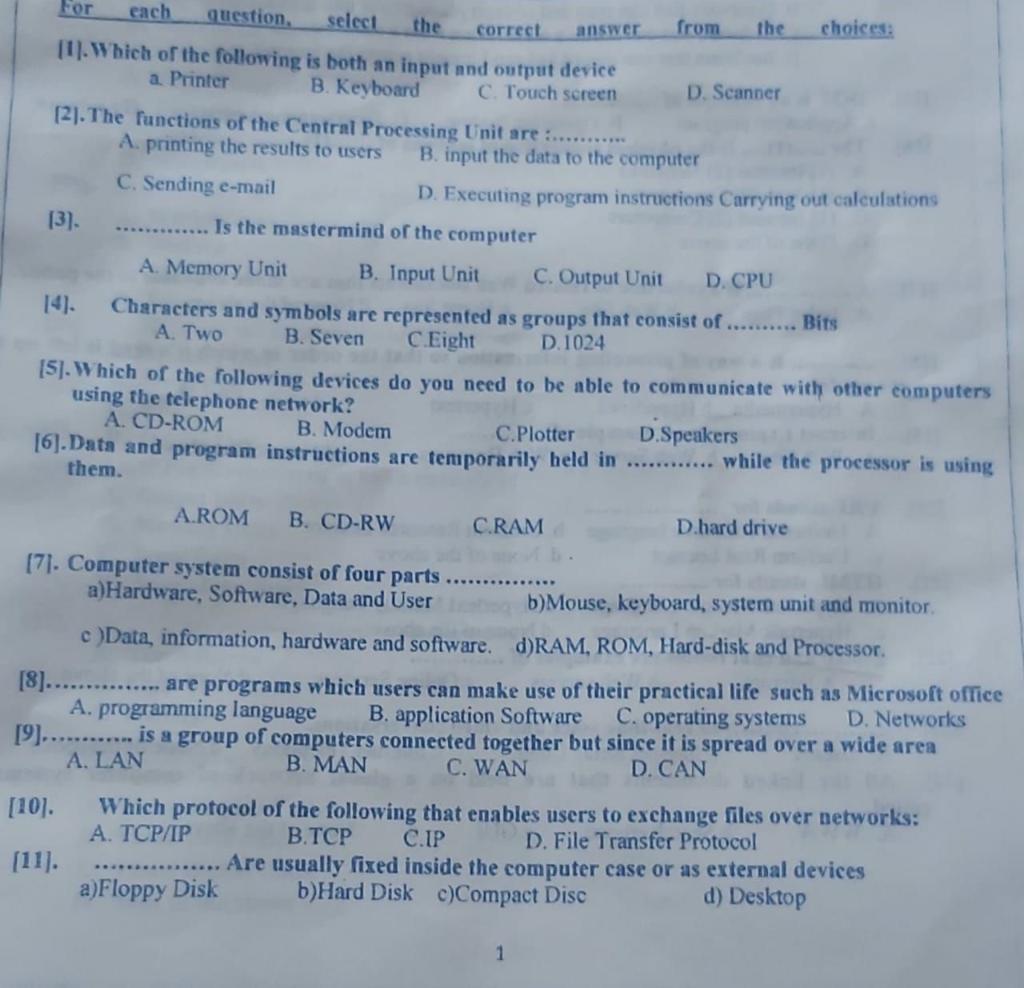  For each question, select the correct answer from the choices 11.