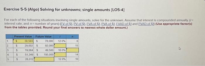  Exercise 5-5 (Algo) Solving for unknowns; single amounts [LO5-4] For each