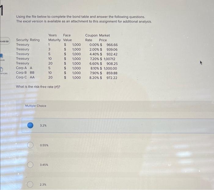  Using the file below to complete the bond table and answer
