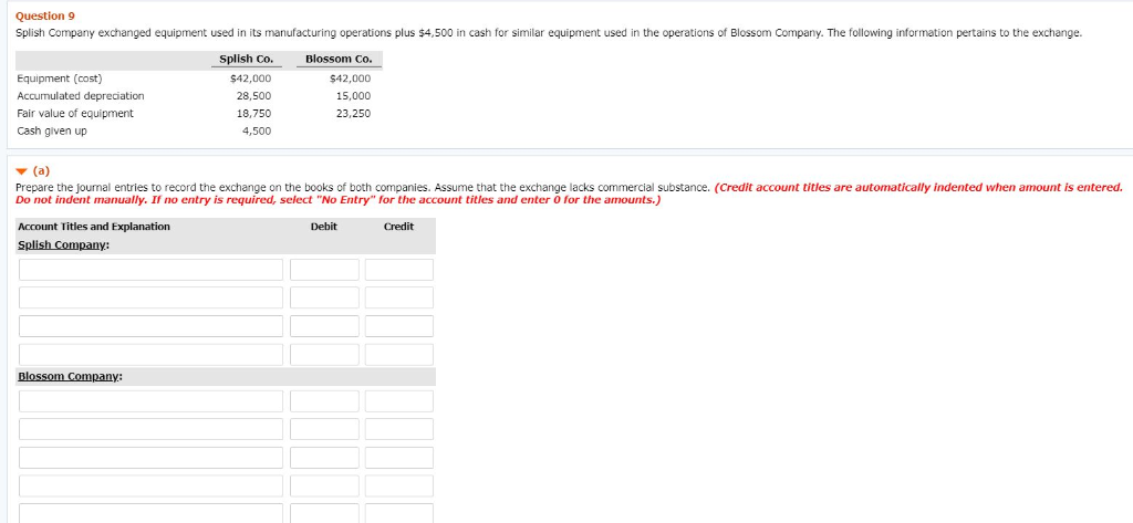 Please help me! Question 9 Splish Company exchanged equipment used in its