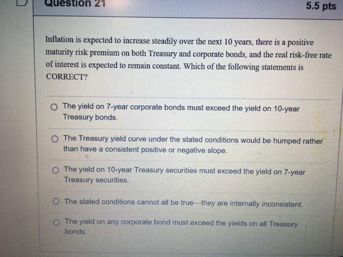  Question 21 5.5 pts Inflation is expected to increase steadily over