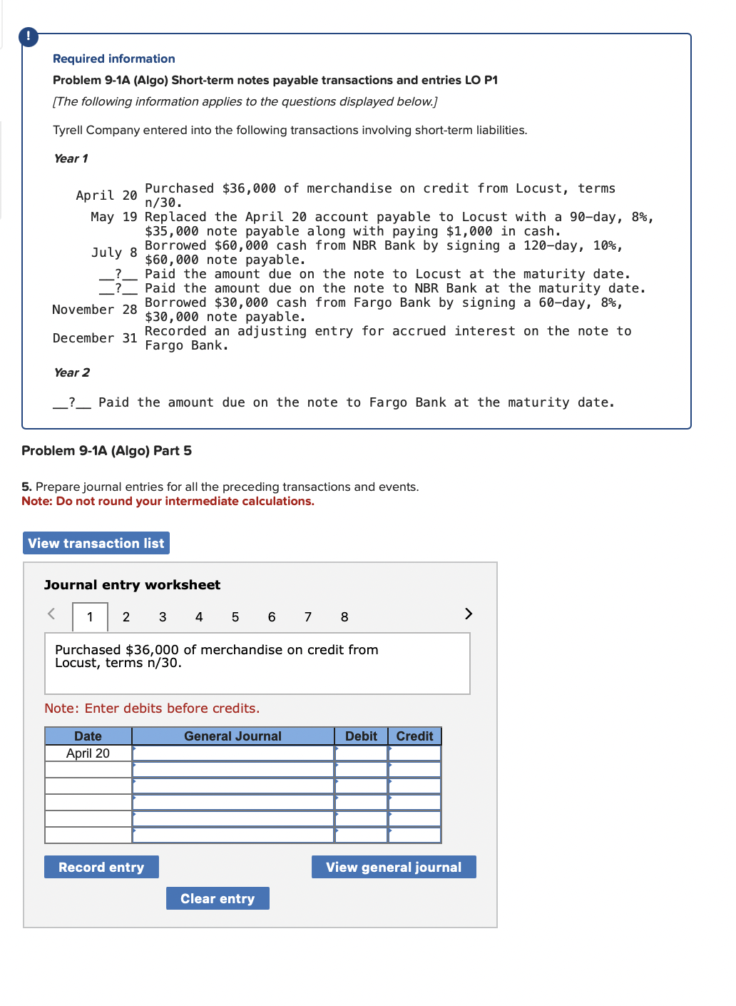 Required information Problem 9-1A (Algo) Short-term notes payable transactions and entries