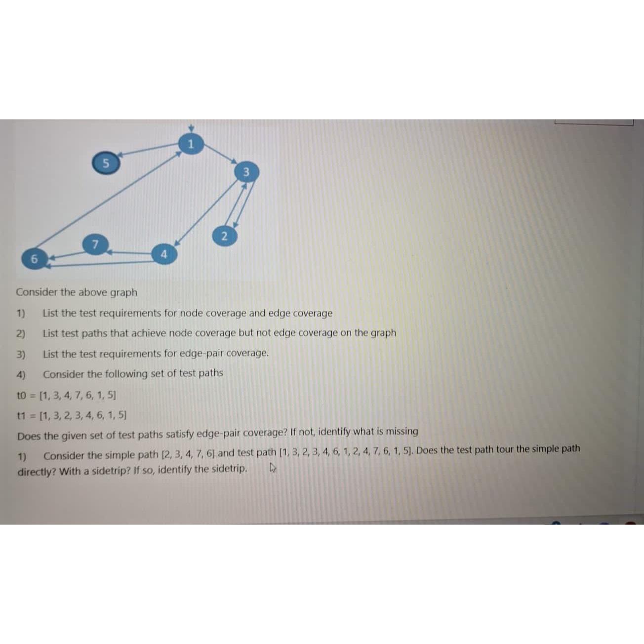  Consider the above graph List the test requirements for node coverage