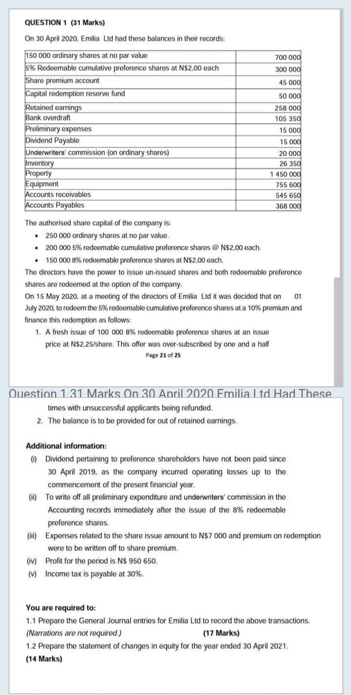  Answer 1.1 and 1.2 QUESTION 1 (31 Marks) On 30 April
