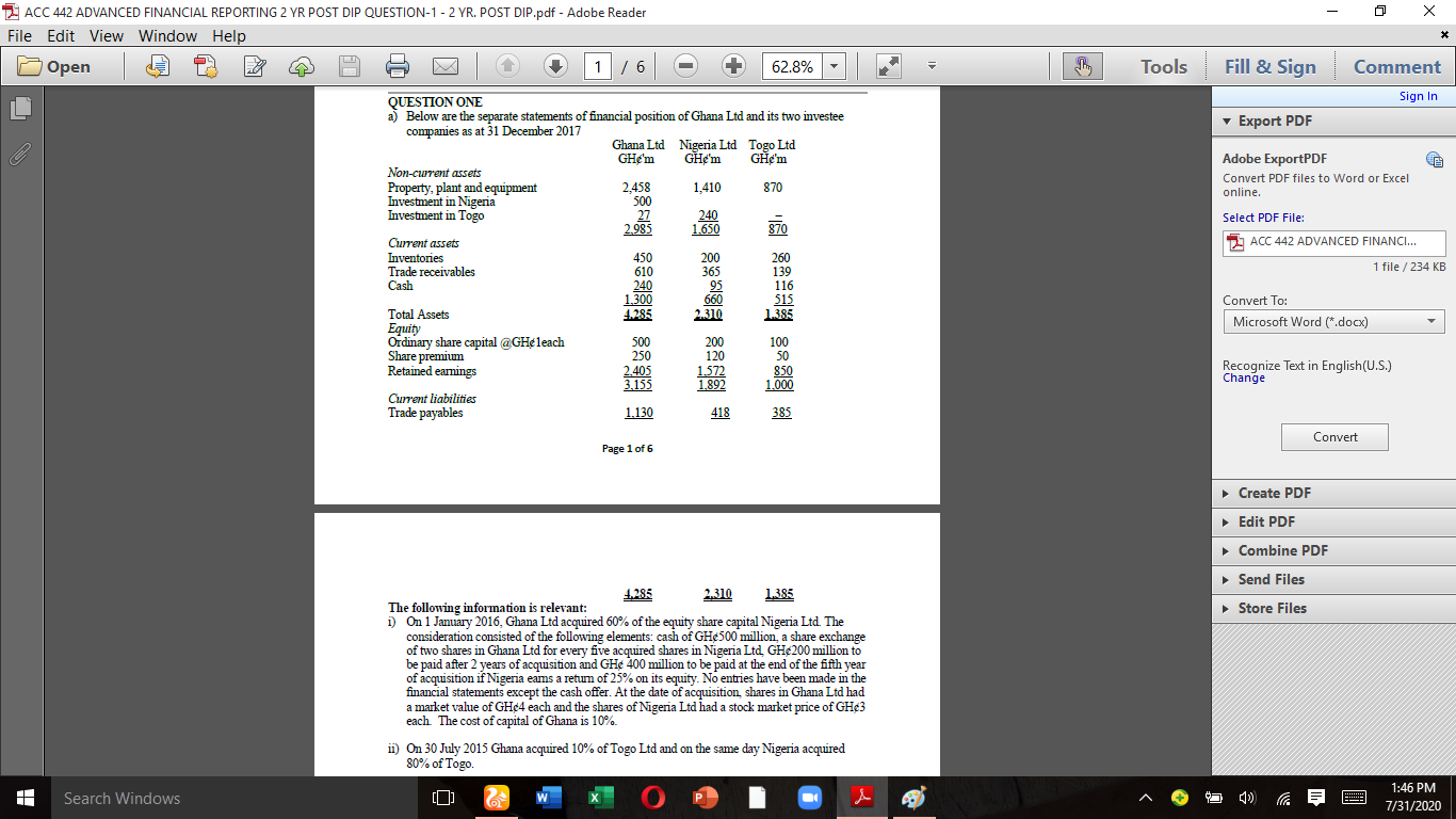 ACC 442 ADVANCED FINANCIAL REPORTING 2 YR POST DIP QUESTION-1 -