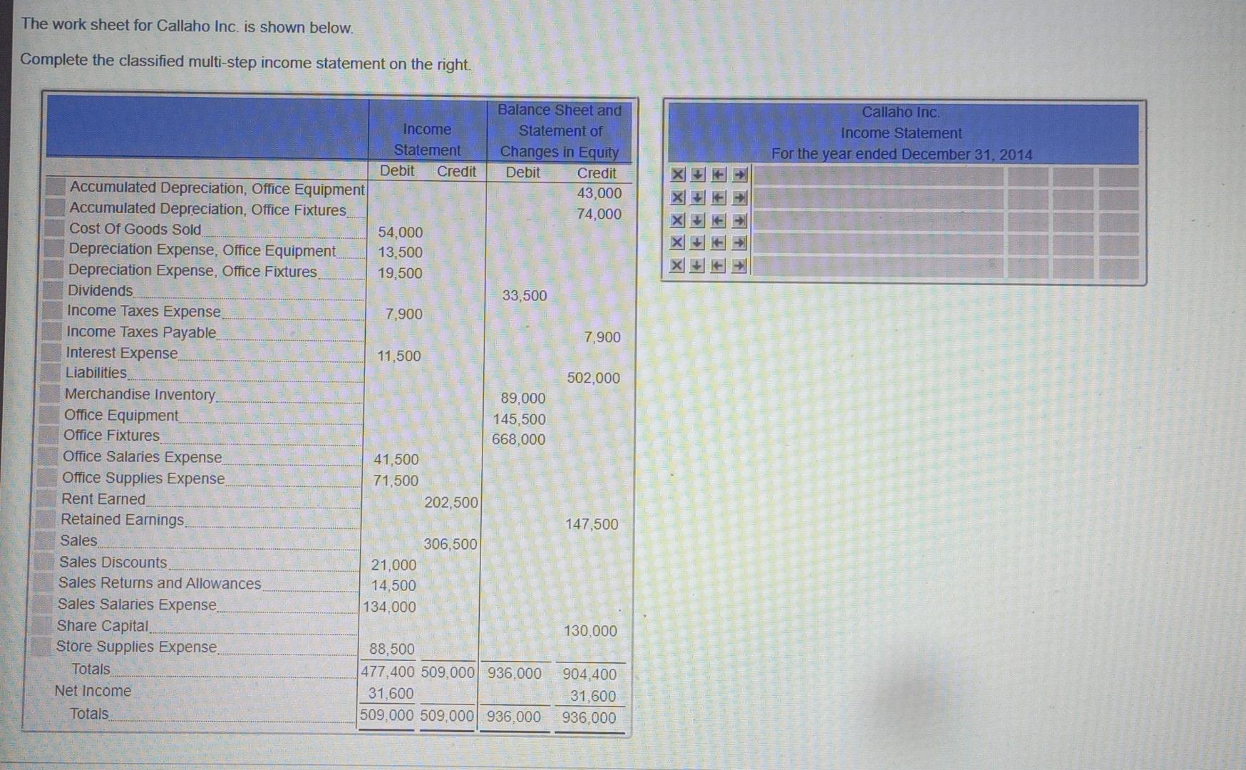 The work sheet for Callaho Inc. is shown below. Complete the