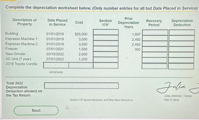  Complete the depreciation worksheet below. (Only number entries for all but