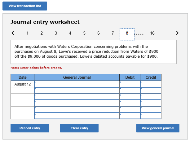 price allowance from August 22. Note: Enter debits before credits. Journal entry