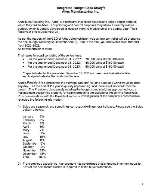 Integrated Budget Case Study: Altec Manufacturing Inc. Altec Manufacturing Inc. (Altec)