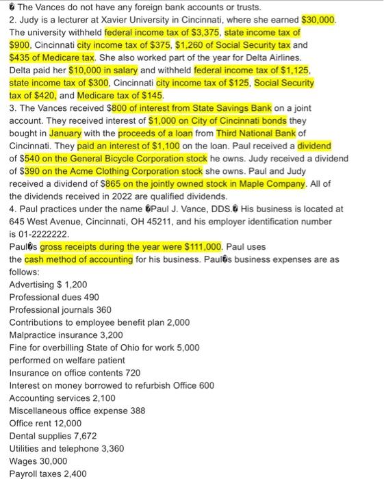 2022 federal income tax return using the following information. If information is