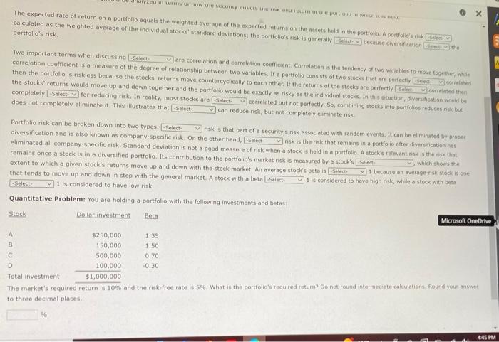 o fisk premium that reflects only the risk remaining stock's required rate