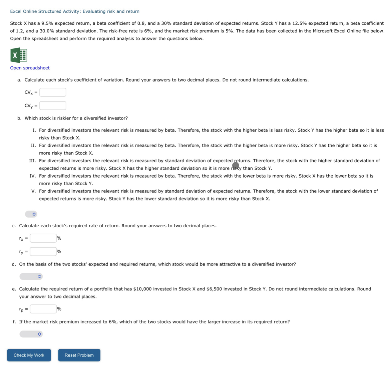  Excel Online Structured Activity: Evaluating risk and return Open the spreadsheet