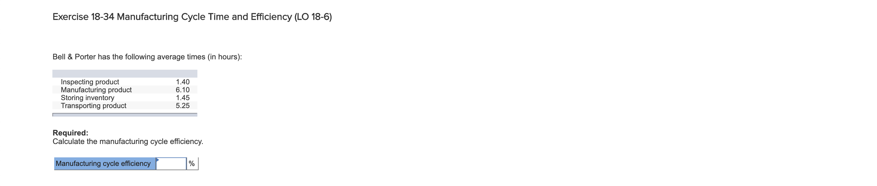 Exercise 18-34 Manufacturing Cycle Time and Efficiency (LO 18-6) Bell &