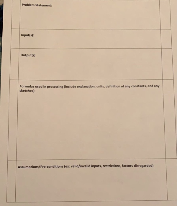  Problem Statement: Input(s): Output(s): Formulas used in processing (include explanation, units,