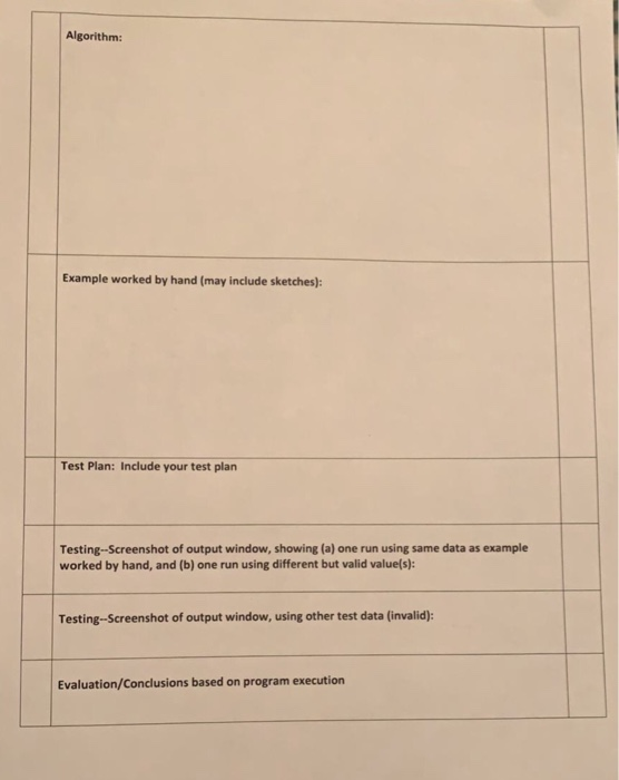  Algorithm Example worked by hand (may include sketches): Test Plan: Include