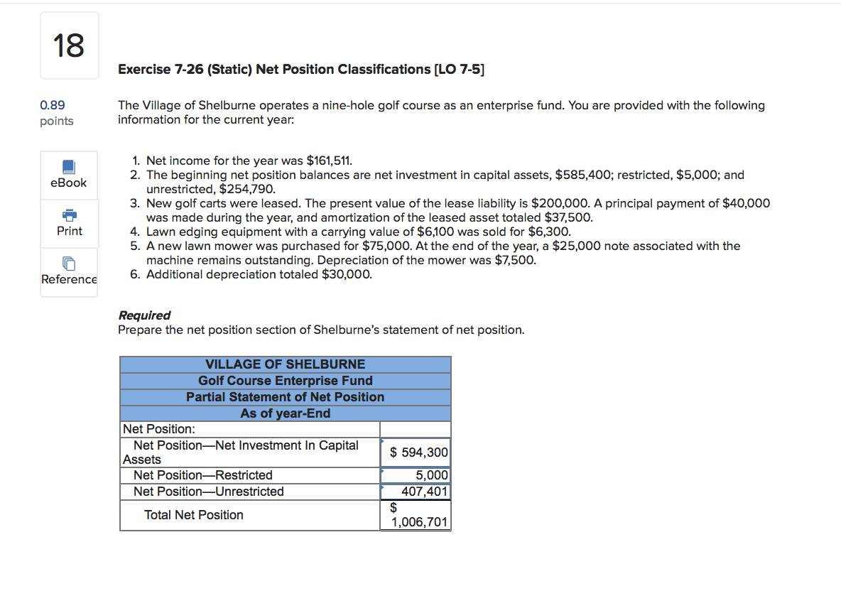  18 Exercise 7-26 (Static) Net Position Classifications (LO 7-5] 0.89 points