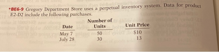  *BE6-9 Gregory Department Store uses a perpetual inventory system. Data for