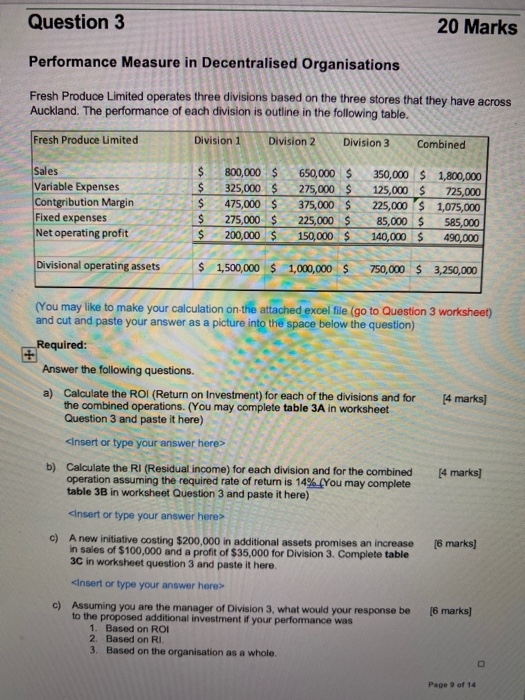 Q3 Question 3 20 Marks Performance Measure in Decentralised Organisations Fresh Produce