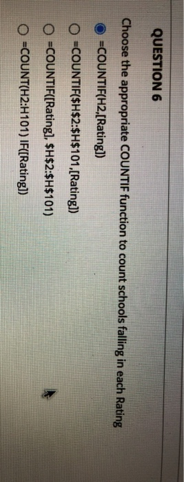  QUESTION 6 Choose the appropriate COUNTIF function to count schools falling