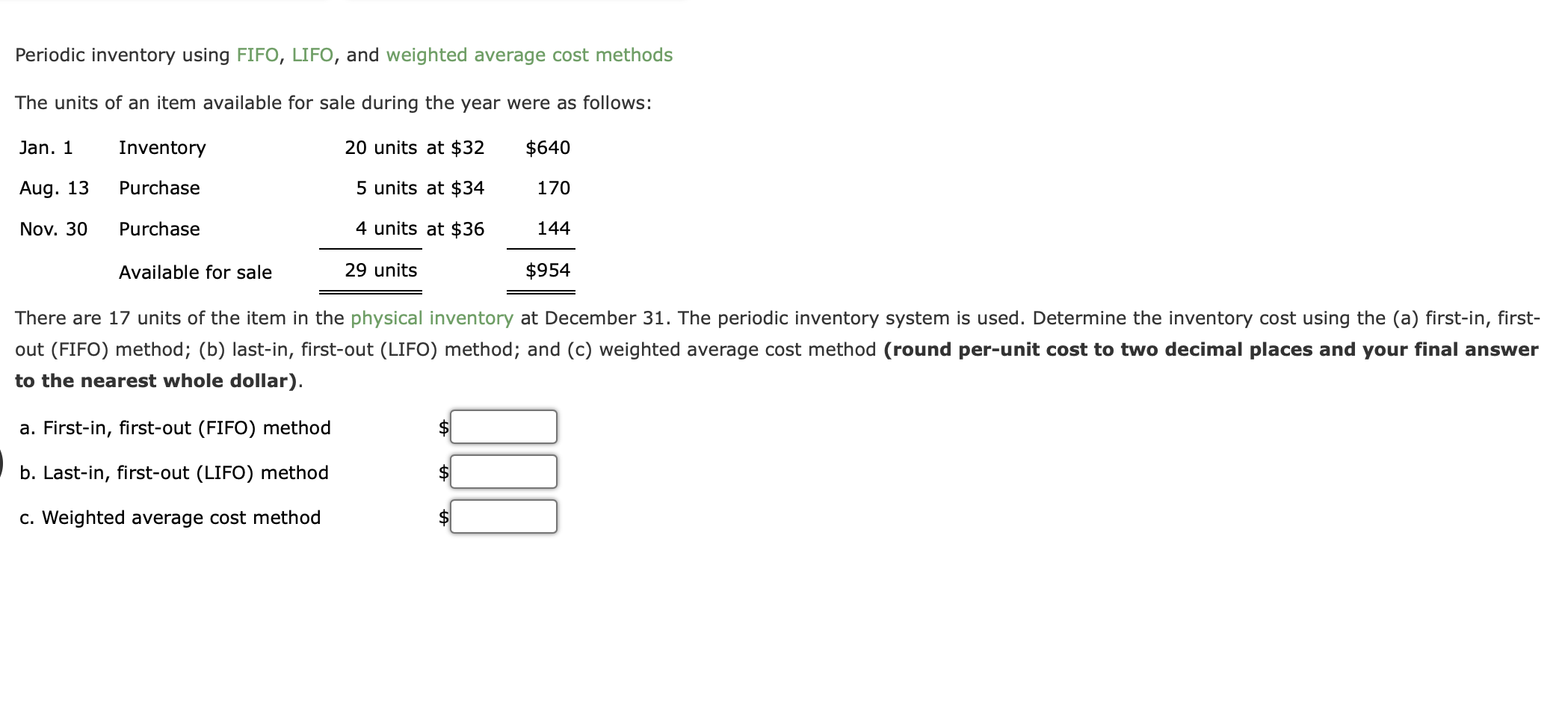 Periodic inventory using FIFO, LIFO, and weighted average cost methods The