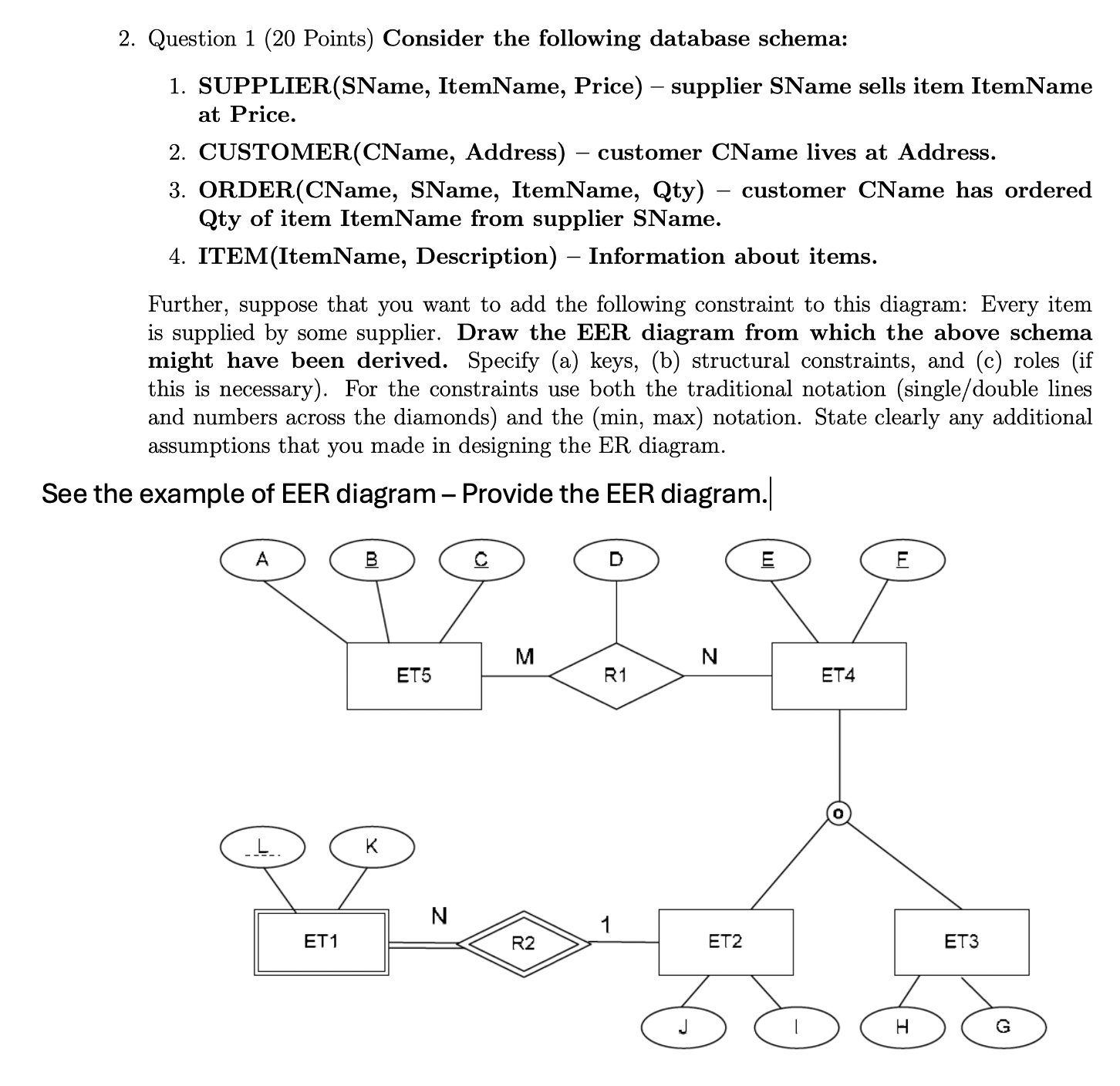  Question 1(20 Points) Consider the following database schema: SUPPLIER(SName, ItemName, Price)-