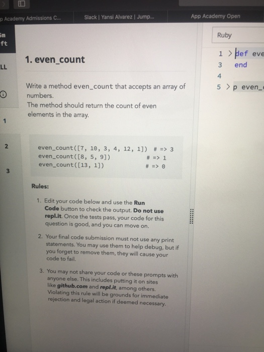  I need this solved in ruby p Academy Admissions C... Slack
