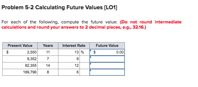 Problem 5-2 Calculating Future Values (L01) For each of the following,