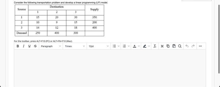  Consider the following transportation problem and develop a linear programming (LP)