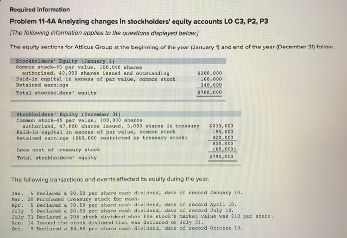  Required information Problem 11-4A Analyzing changes in stockholders' equity accounts LO