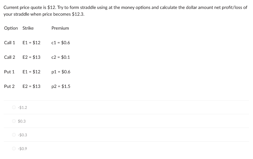 Current price quote is $12. Try to form straddle using at