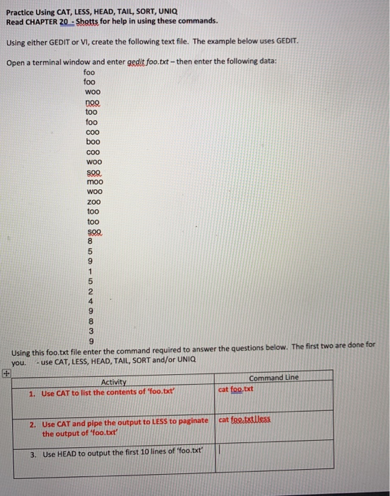  i need them answered please Practice Using CAT, LESS, HEAD, TAIL,