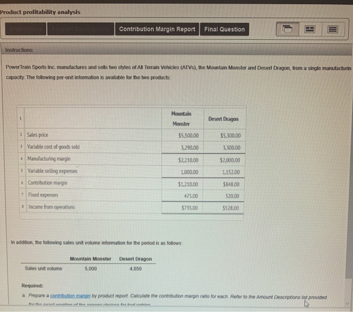 need help in creating a contribution margin report Product profitability analysis Contribution