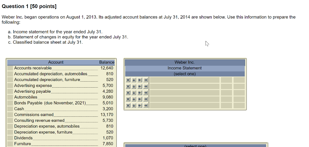 Question 1 (50 points) Weber Inc. began operations on August 1,