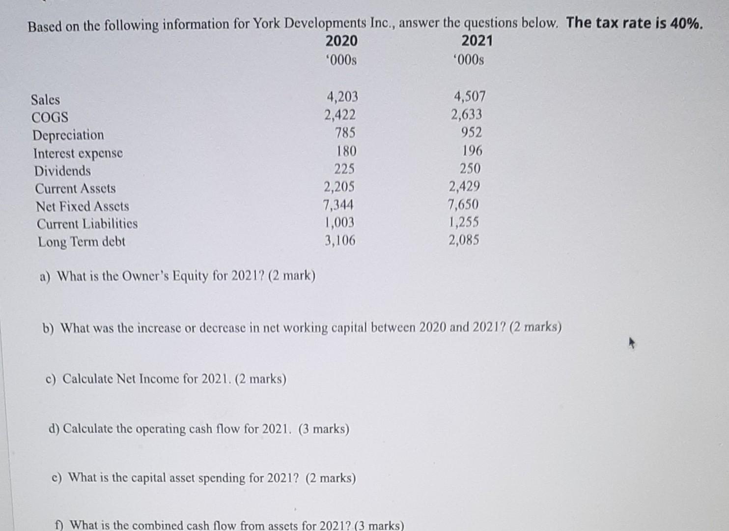 Based on the following information for York Developments Inc., answer the