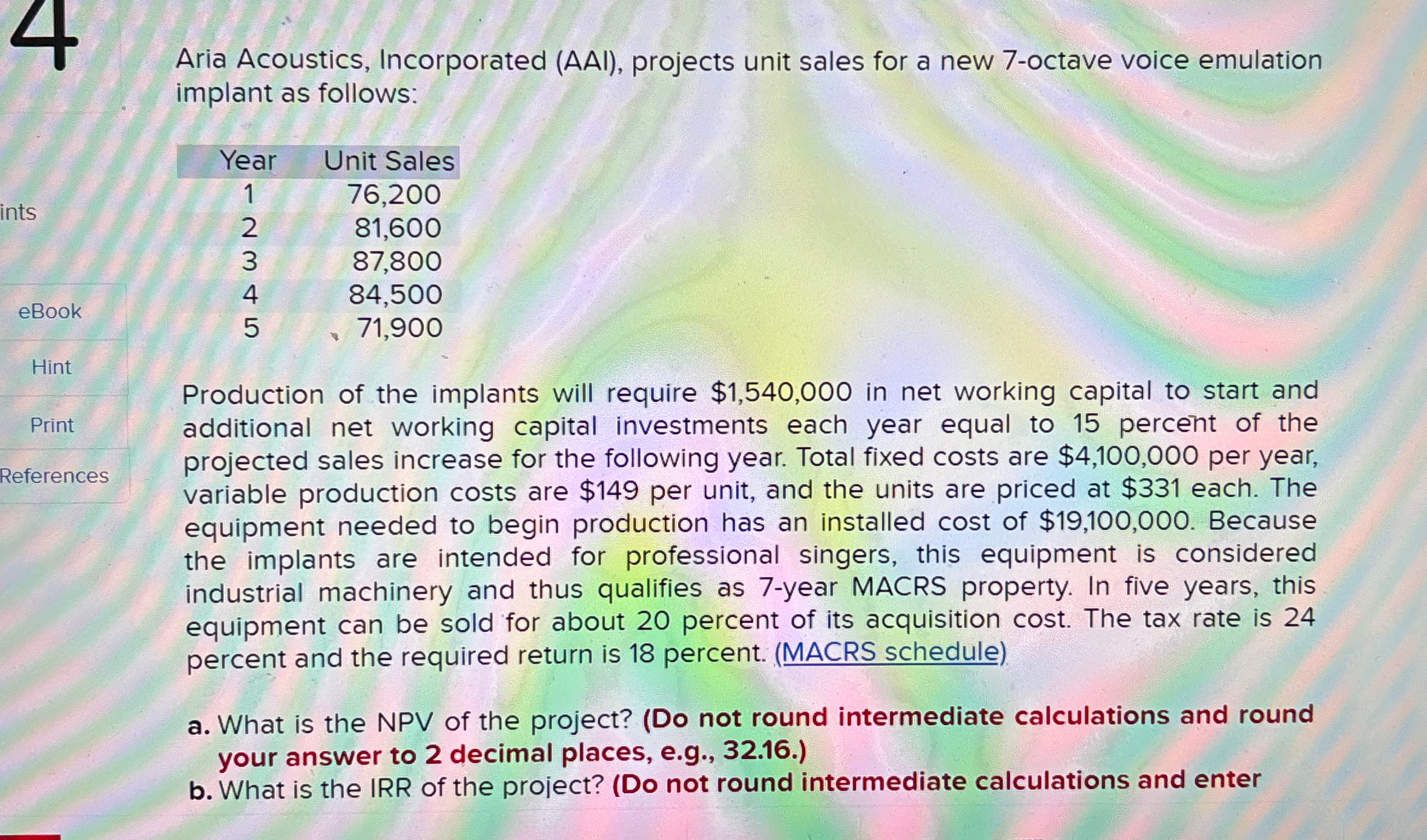  Aria Acoustics, Incorporated (AAI), projects unit sales for a new 7-octave