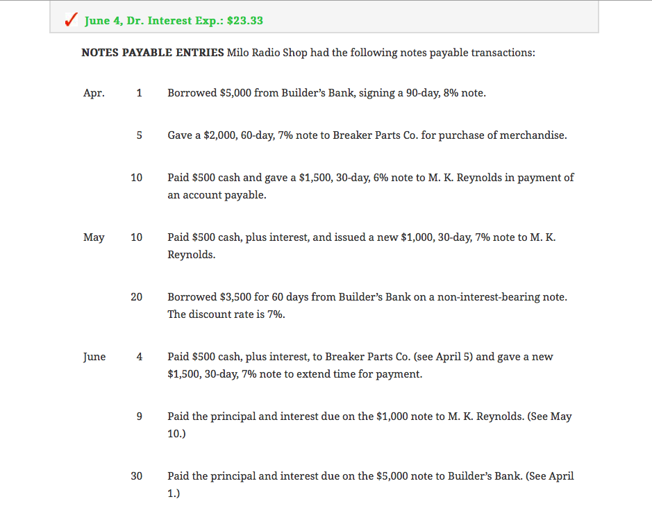 June 4, Dr. Interest Exp.: $23.33 NOTES PAYABLE ENTRIES Milo Radio