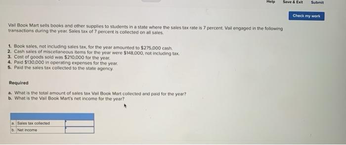  Help Save & Exit Submit Check my work Vail Book Mart