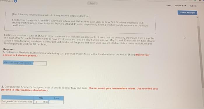  Homework Save & EX Su Check my work The following information