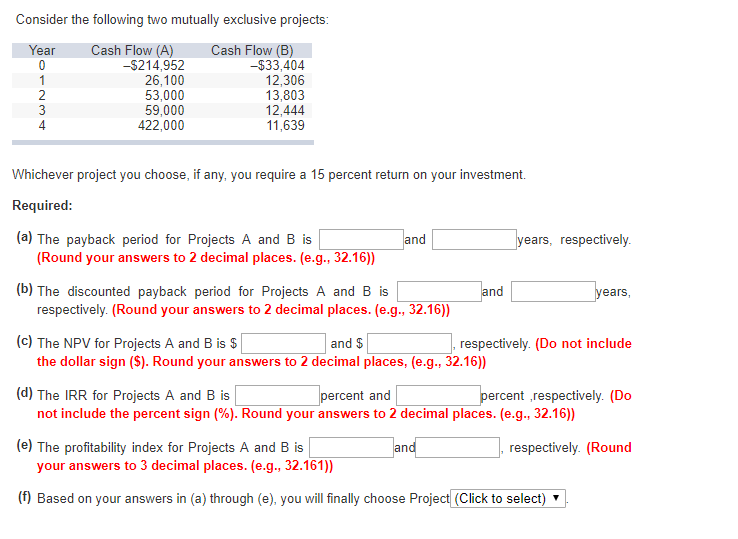 Consider the following two mutually exclusive projects Year Cash Flow (A)