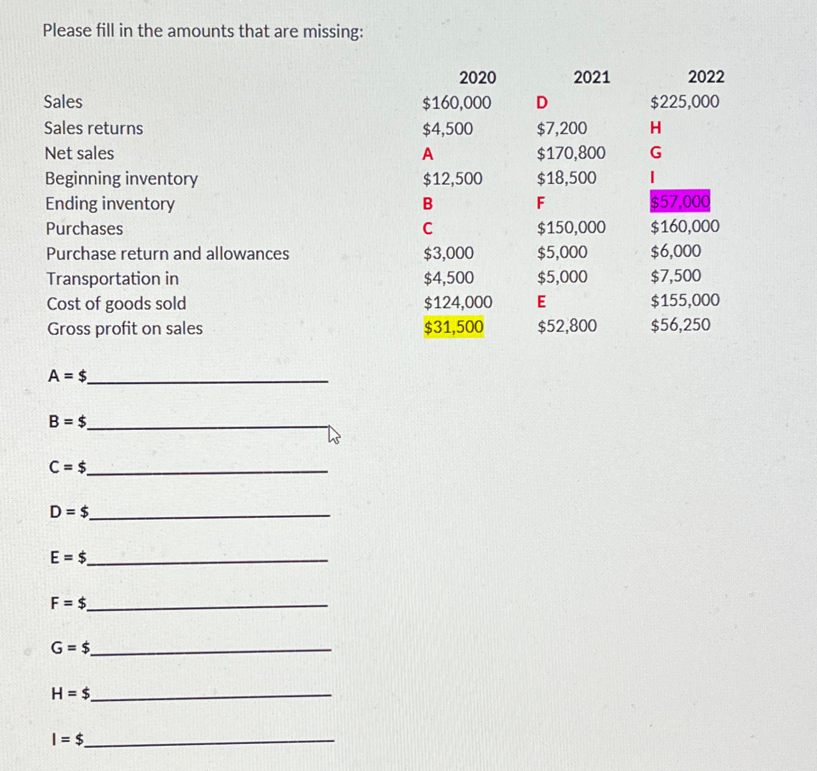  Please fill in the amounts that are missing: \table[[Sales,2020,2022],[$160,000,D,$225,000 