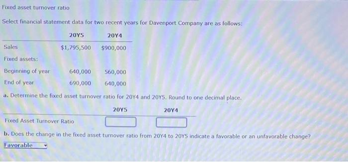  Fixed asset tumover rabo Select financial statement data for two recent