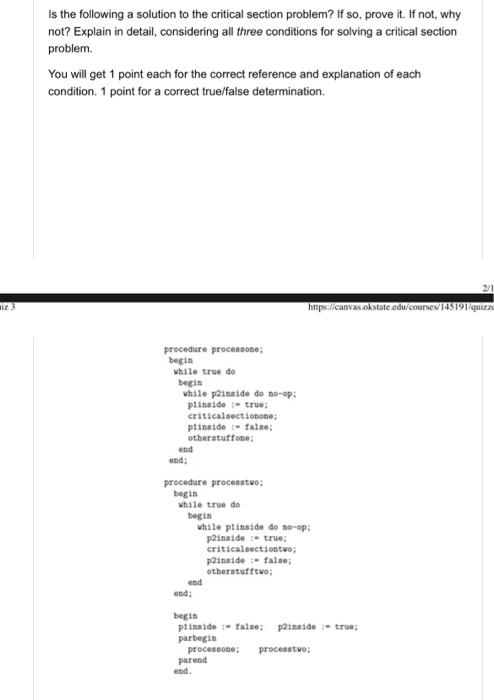  Is the following a solution to the critical section problem? If