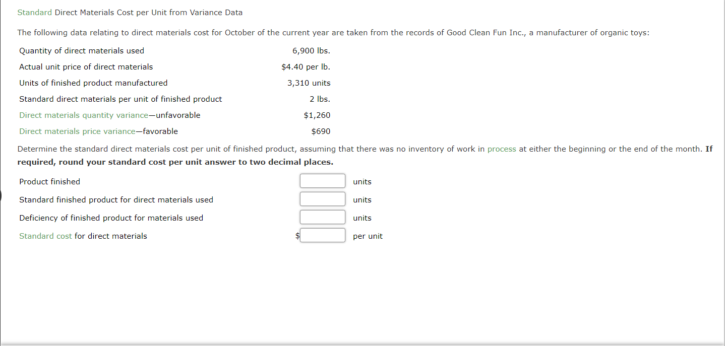 Standard Direct Materials Cost per Unit from Variance Data The following