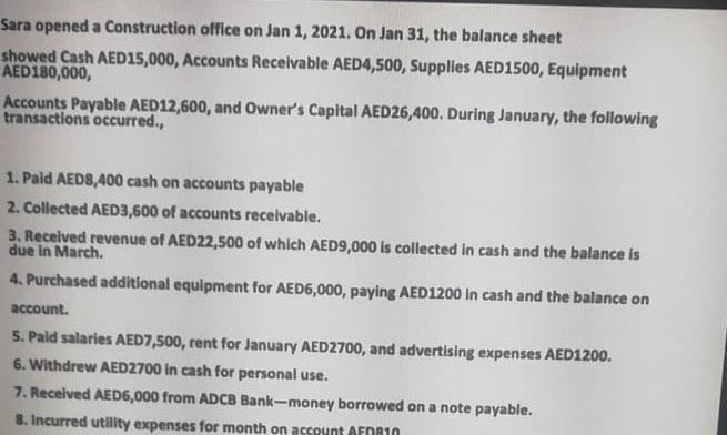  Sara opened a Construction office on Jan 1, 2021. On Jan