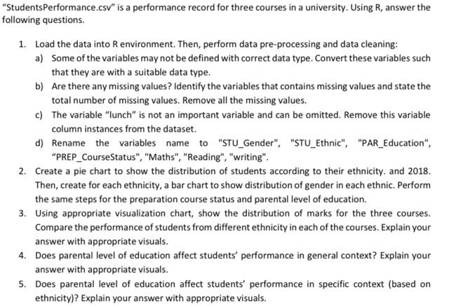  please solve question 4 and 5 StudentsPerformance.csv" is a performance record